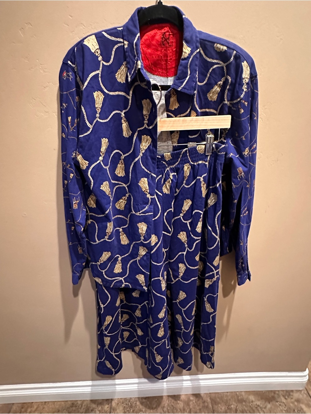 Vtg Carole Little Sport Petites Blue Tassel Rope Crown Shirt Skirt 2-Pc Set M/S
